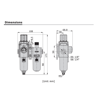 GTFC20008LNWTK AIRTAC SMALL FRL ASSEMBLY<BR>GTFC200 SERIES 1/4" NPT 20-58 PSI PART FILT, REG, LUB 5 MIC NO GA INT CHK